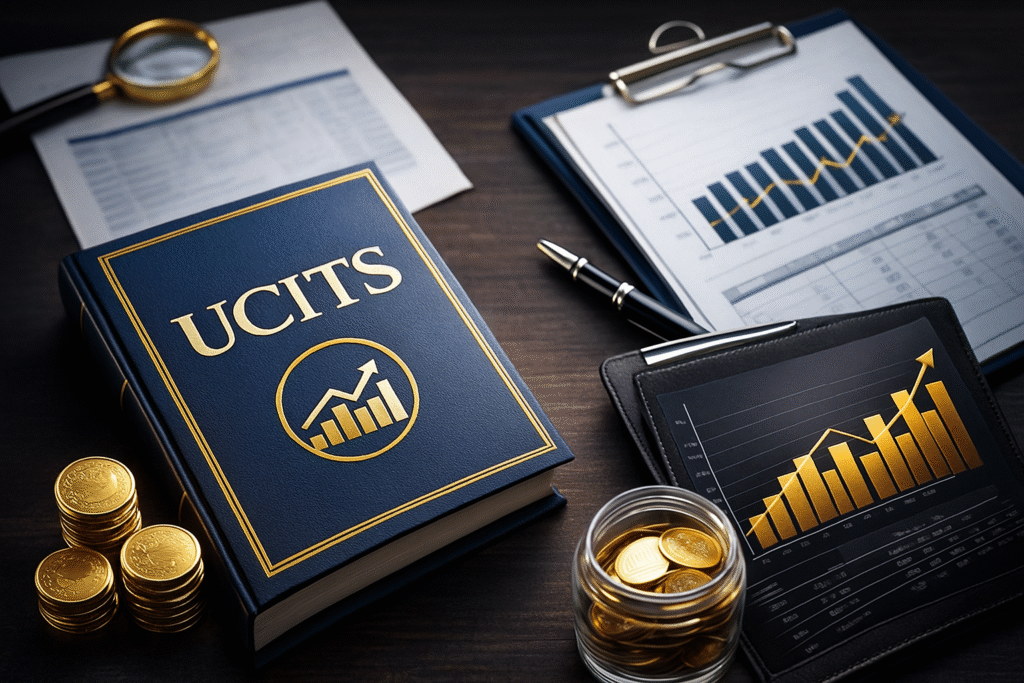 UCITS handbook on a desk with financial charts, gold coins, and investment documents.
