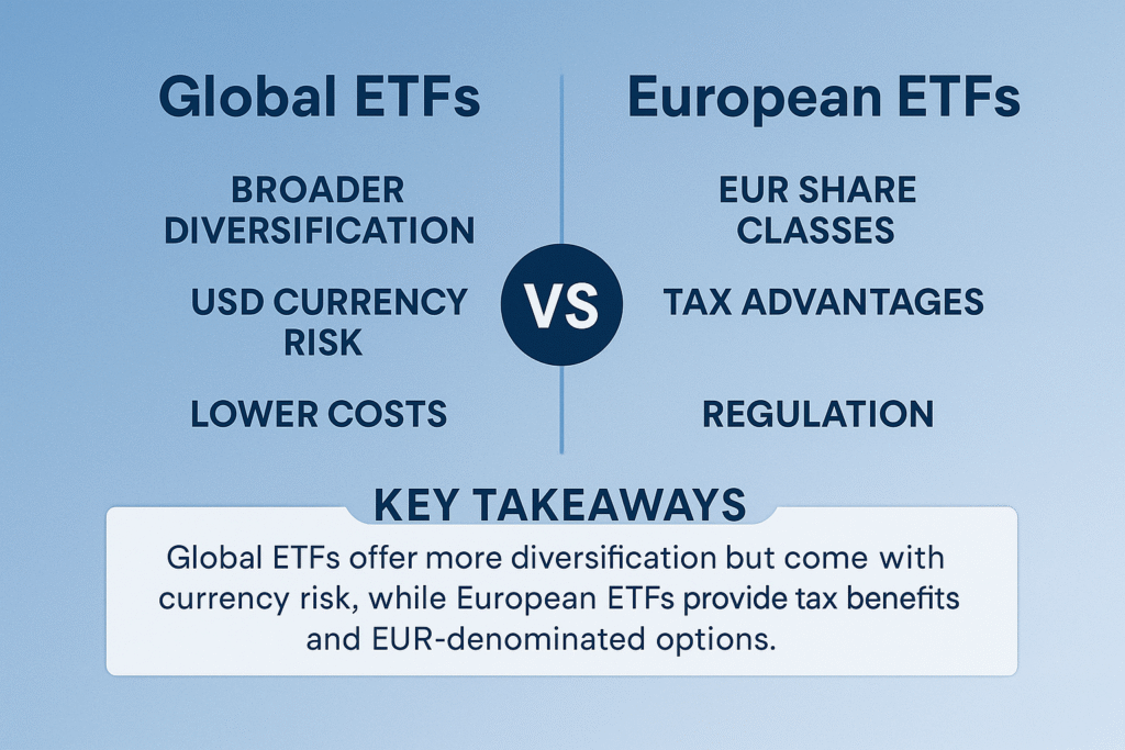 Infographic comparing Global ETFs and European ETFs, highlighting diversification, currency risk, tax advantages, regulation and key takeaways for European investors.