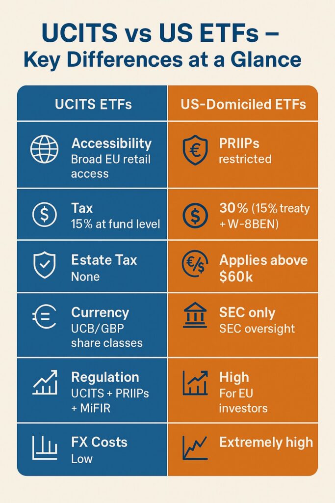 Infographic comparing UCITS ETFs and US-domiciled ETFs across accessibility, taxation, estate-tax risk, currency options, regulation, liquidity and FX costs.