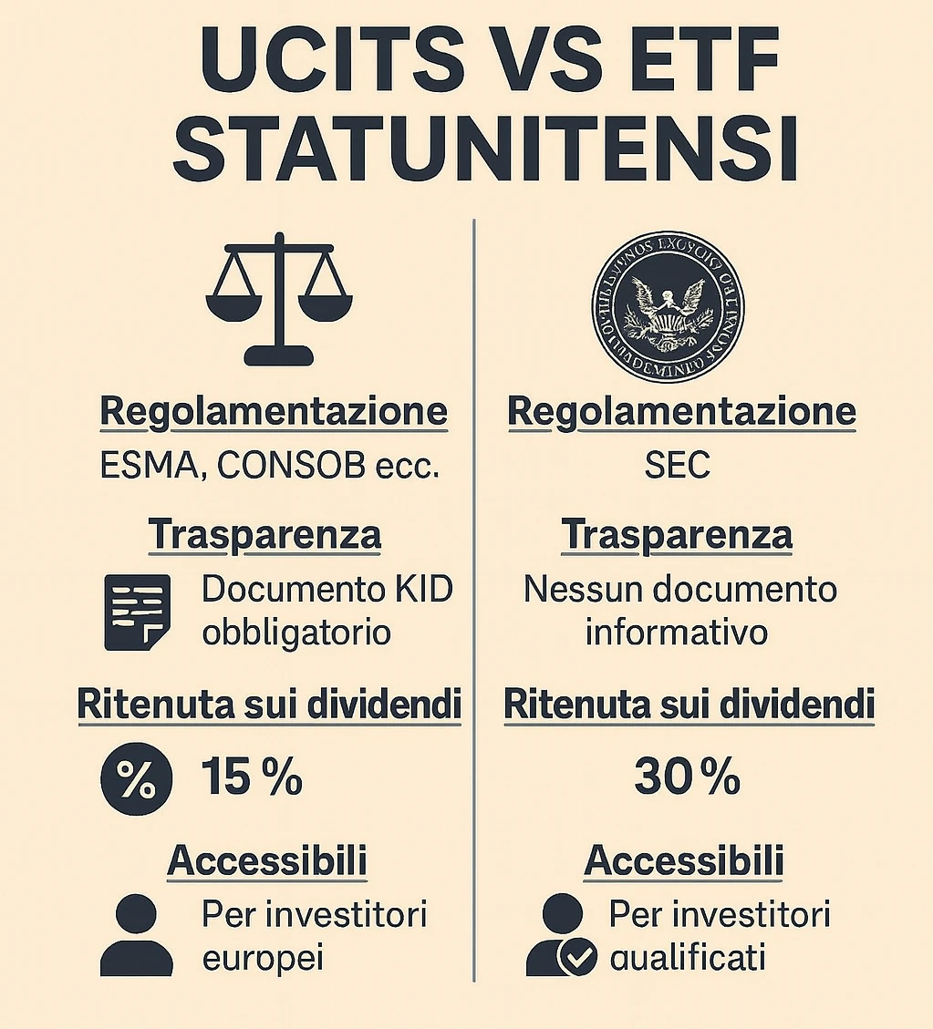 Infografica che confronta gli ETF UCITS europei con gli ETF statunitensi, mostrando differenze in regolamentazione, trasparenza, ritenuta sui dividendi e accessibilità per gli investitori.