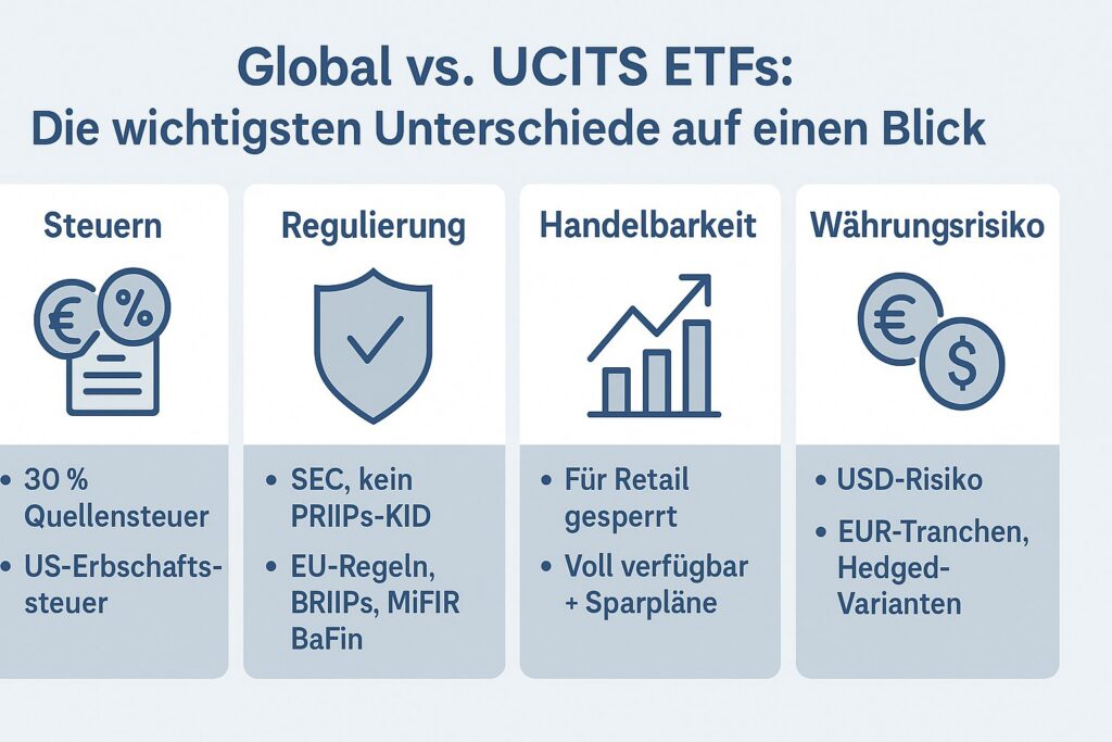 Infografik: Global vs. UCITS ETFs – wichtigste Unterschiede bei Steuern, Regulierung, Handelbarkeit und Währungsrisiko