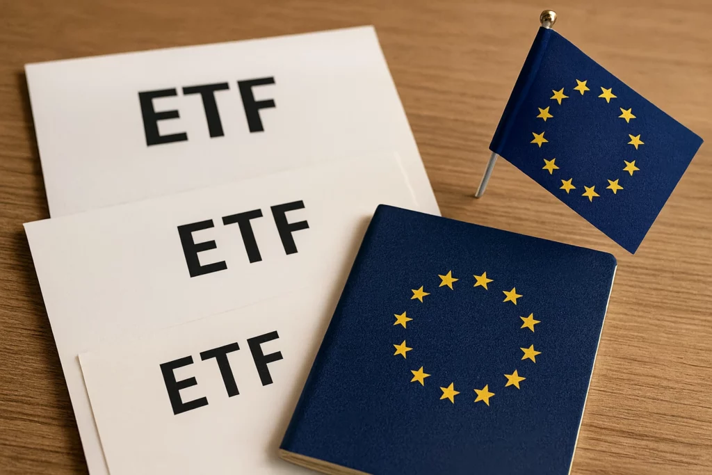 Financial documents and an EU-themed notebook illustrating the regulatory barriers behind US ETFs in Europe.