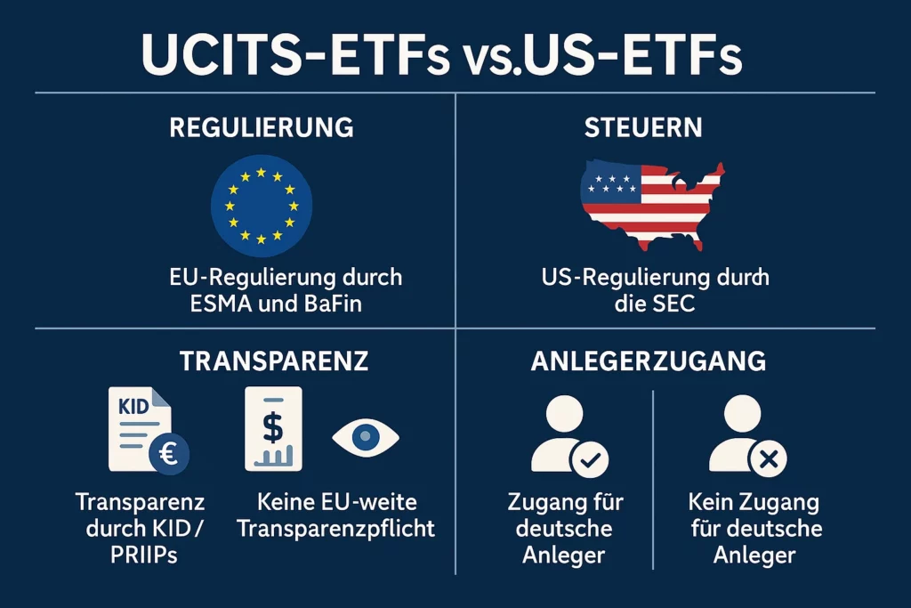 Deutsche Infografik, die UCITS-ETFs und US-ETFs gegenüberstellt: Unterschiede bei Regulierung (ESMA/BaFin vs. SEC), KID/PRIIPs-Transparenz, Quellensteuer (15 % vs. 30 %) und Verfügbarkeit für deutsche Anleger im Jahr 2026.