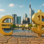 Golden euro and dollar symbols in front of a European city skyline, representing currency and market differences relevant to S&P 500 UCITS vs Euro Stoxx 50.