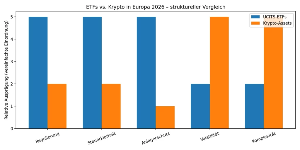 Balkengraf mit strukturellem Vergleich von UCITS-ETFs und Krypto-Assets in Europa 2026 hinsichtlich Regulierung, Steuern, Anlegerschutz, Volatilität und Komplexität. /FINORUM