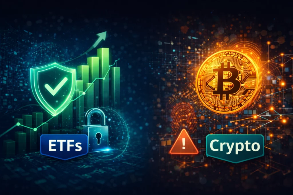 Visual comparison of ETFs vs crypto in Europe, highlighting regulated UCITS ETFs versus higher-risk crypto assets under MiCA rules. / FINORUM
