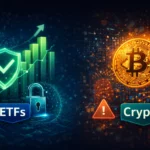 Visual comparison of ETFs vs crypto in Europe, highlighting regulated UCITS ETFs versus higher-risk crypto assets under MiCA rules. / FINORUM