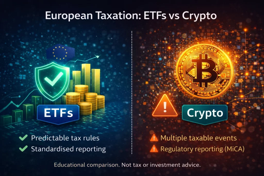 Simplified illustration of ETF vs crypto taxation in Europe. Shown for explanatory purposes only — actual tax rates and rules differ by country and investor circumstances. / FINORUM