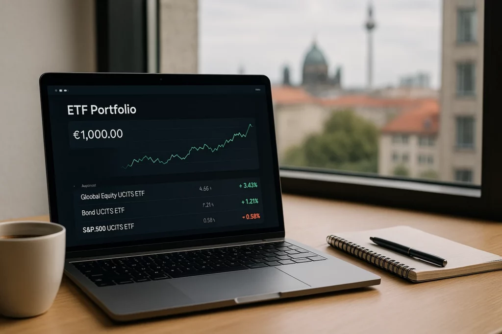 Realistic workspace showing a laptop with a €1000 ETF portfolio in Europe, displaying a diversified UCITS ETF allocation and a volatile performance chart.