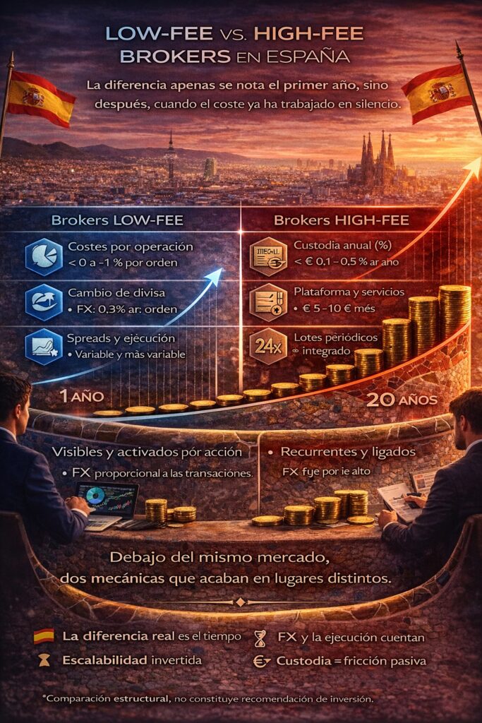 Infografía sobre low-fee vs high-fee brokers en España 2026 que ilustra cómo las comisiones visibles y recurrentes afectan de forma distinta al inversor a largo plazo — Finorum