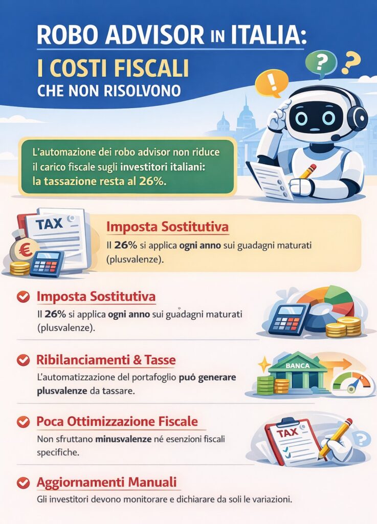 Infografica Finorum sui robo advisor in Italia che spiega i costi fiscali: tassazione al 26%, ribilanciamenti tassabili e limiti dell’ottimizzazione fiscale automatizzata.