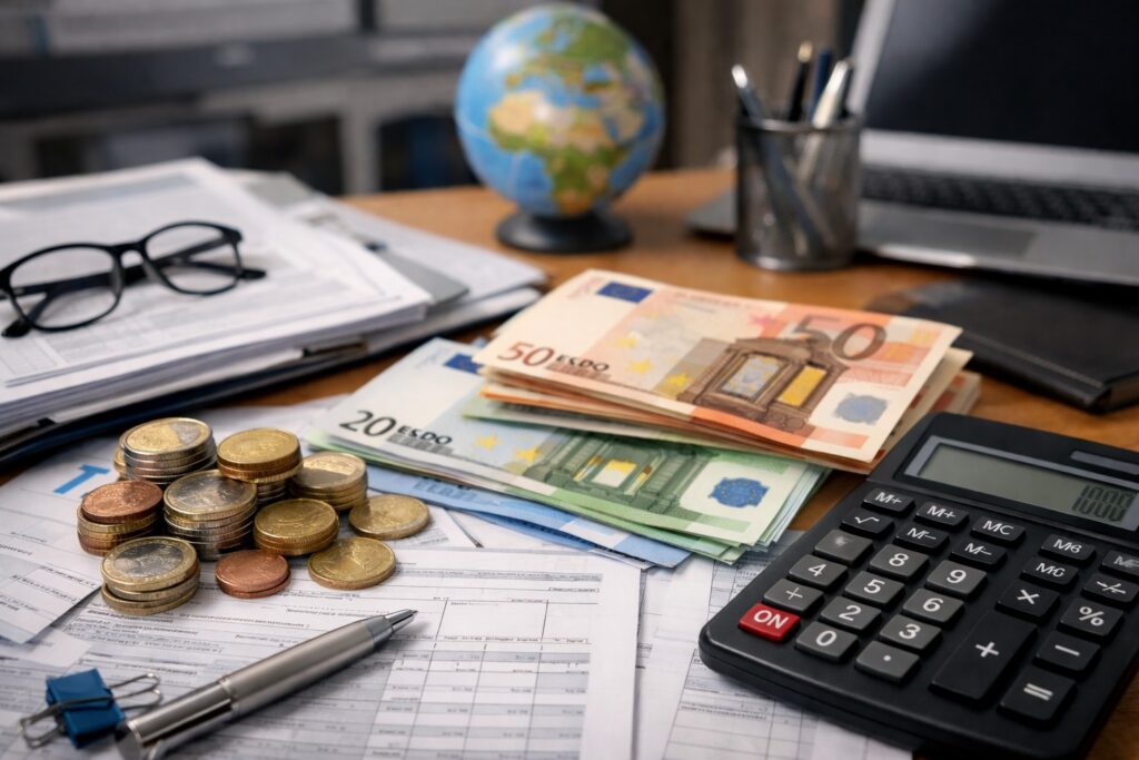 Realistic office desk with calculator, euro banknotes, coins and tax documents illustrating how taxes work in Europe by Finorum
