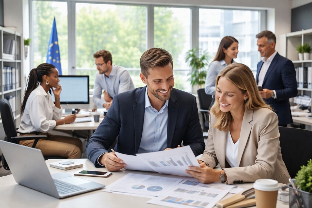 Office workers in a modern European office discussing documents and data, representing workplace insights by Finorum.