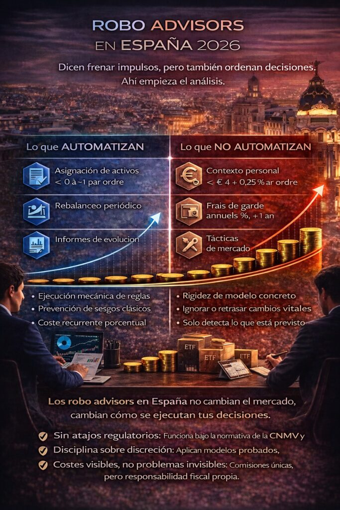 Infografía sobre robo advisors en España 2026 que muestra la diferencia entre decisiones automatizadas y responsabilidades que siguen en manos del inversor — Finorum