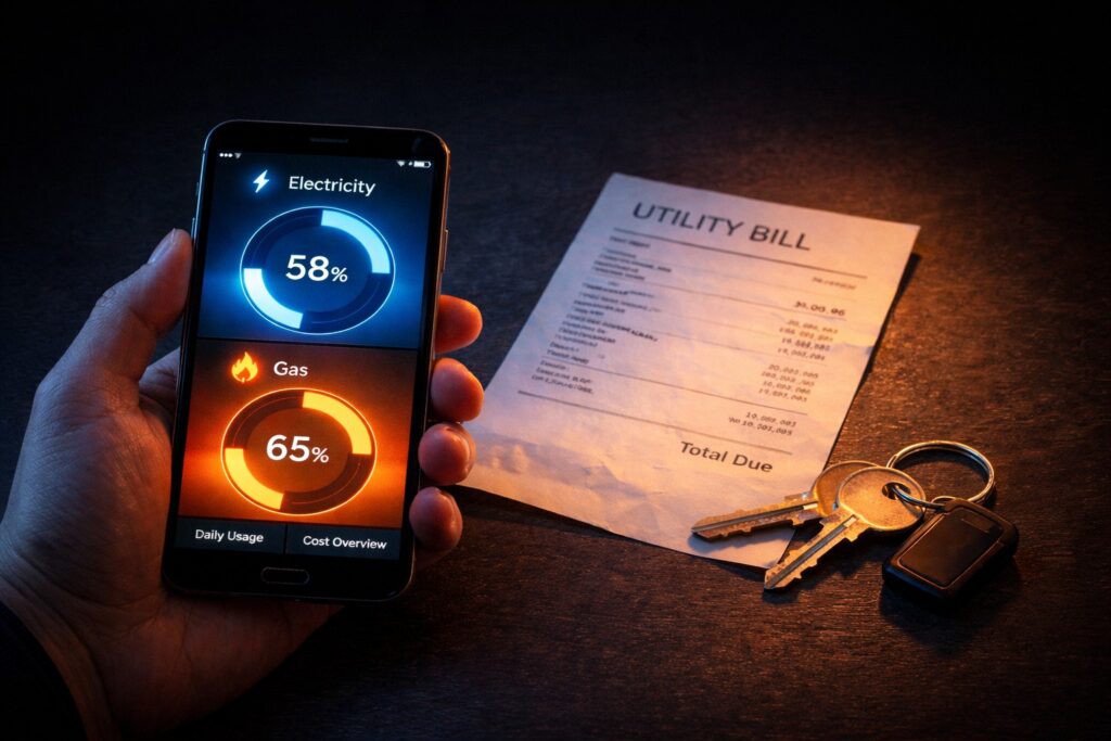 Smartphone displaying electricity and gas usage percentages next to a printed utility bill, illustrating income-adjusted energy cost analysis in the EU.