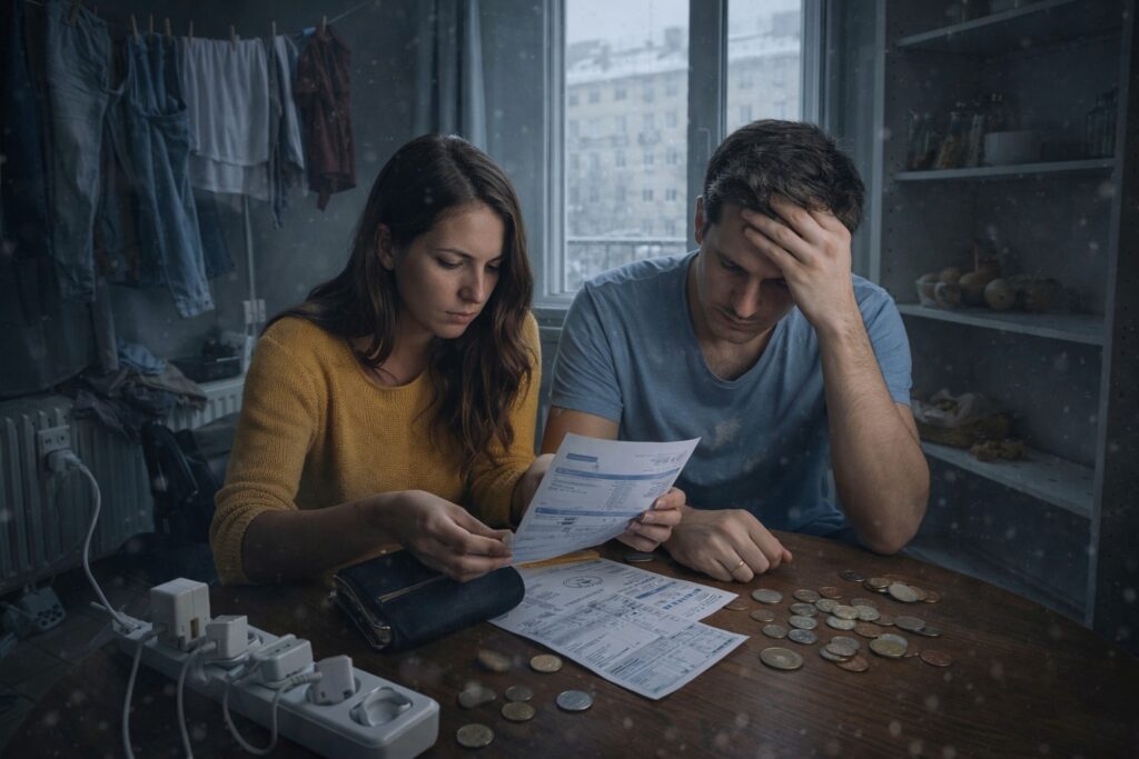 Household reviewing bills and expenses in a modest home setting, illustrating financial strain linked to essential costs.