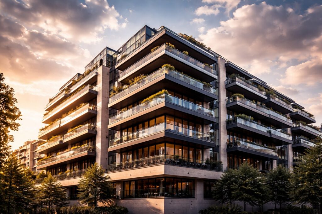 Modern apartment building in a European capital reflecting urban housing demand analysed by Finorum.