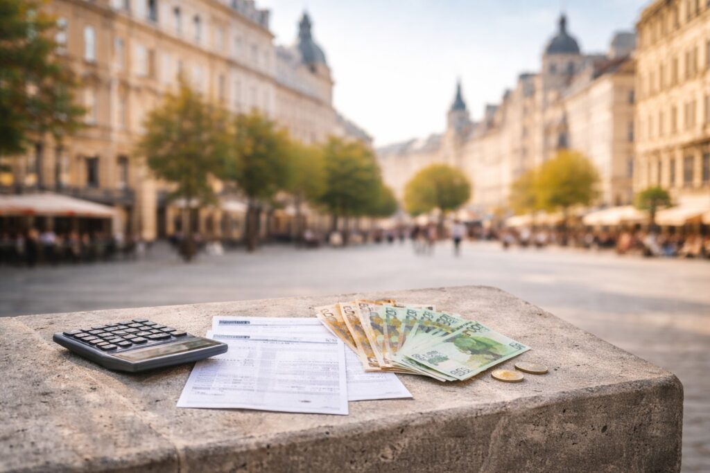 Euro banknotes, payslips, and a calculator placed on a stone surface in a European city, symbolising differences in net salaries and take-home pay across Europe.