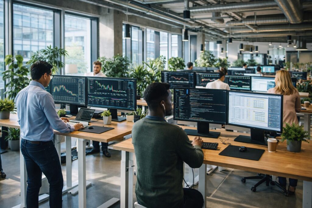 Modern office in Dublin Silicon Docks with professionals analyzing financial data and salaries in Europe