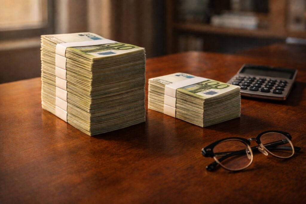 Average gross and net salary Europe comparison shown with two stacks of euro banknotes on wooden desk