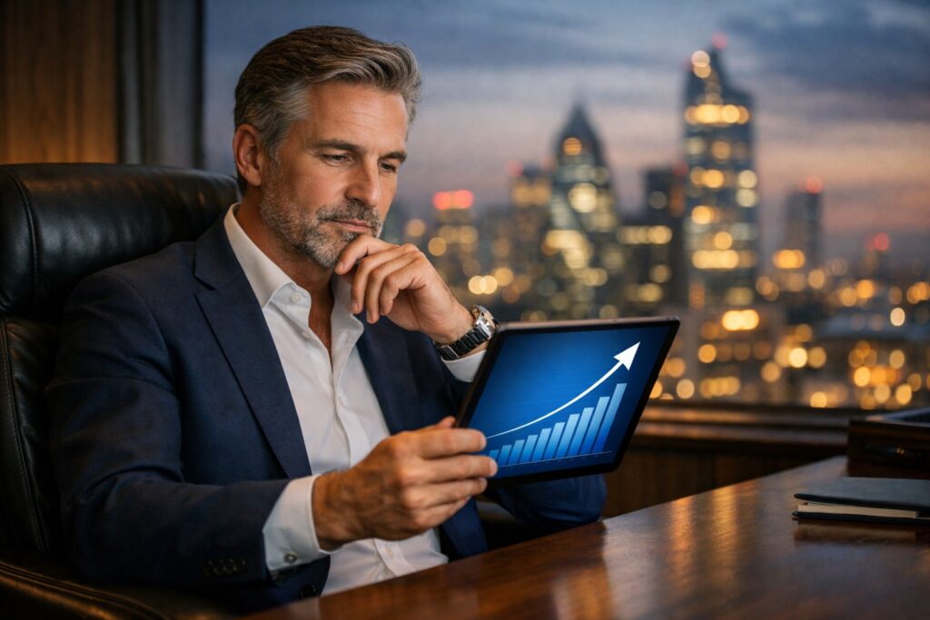 Executive reviewing upward income trajectories Europe growth chart on tablet