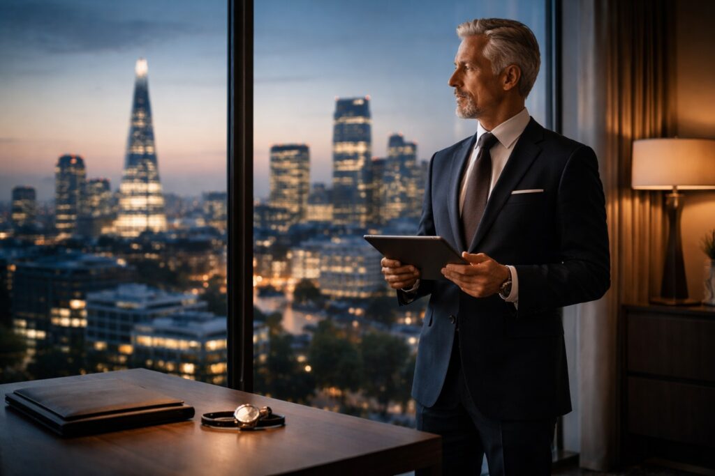 Successful businessman analyzing income trajectories Europe on tablet in modern office with city skyline