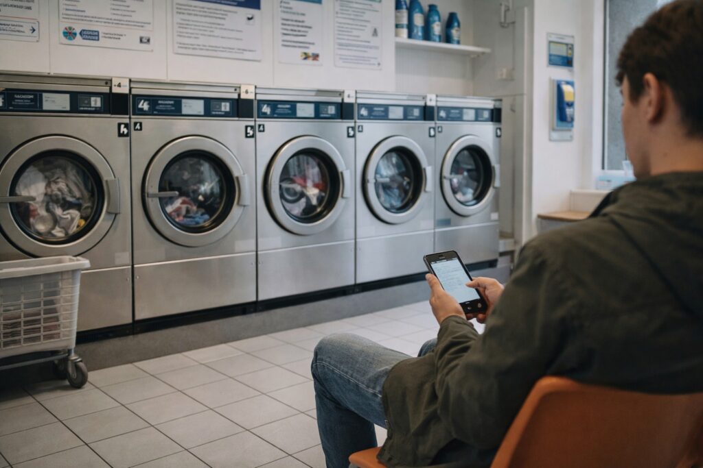 Person sitting in a modern European laundromat, checking their phone while waiting for laundry, illustrating lifestyle inflation abroad