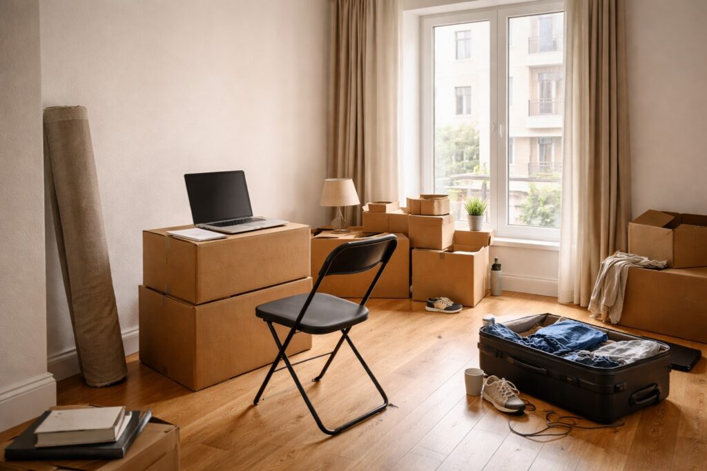Minimalist apartment with moving boxes and a laptop workspace, illustrating early stages of lifestyle inflation abroad