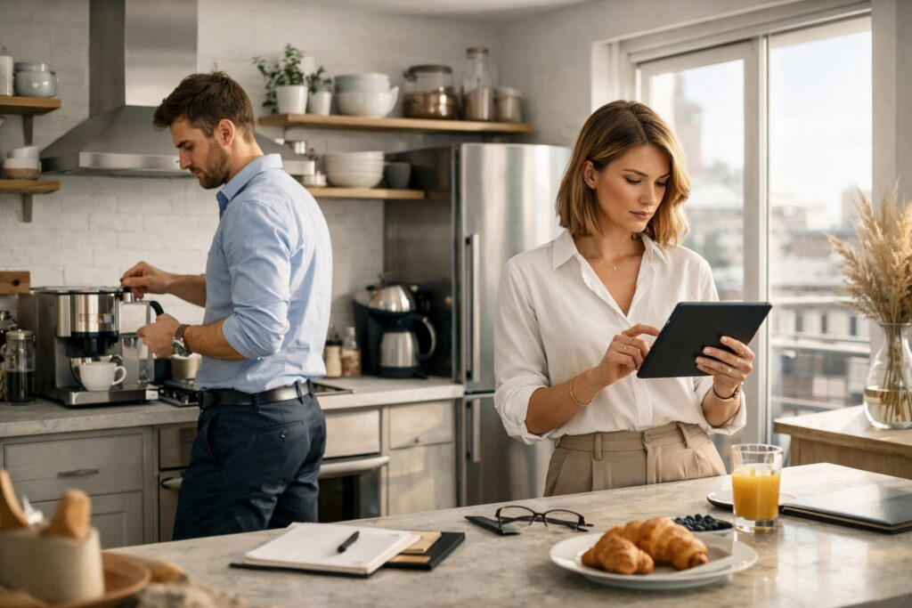 Couple managing morning routine in a modern kitchen in a dual income household Europe