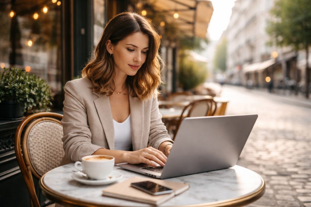 Woman working on laptop at a European café with coffee and notebook representing income types in Europe