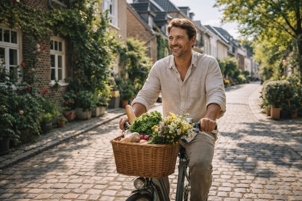 Relaxed man cycling with groceries through a sunny European neighborhood illustrating income vs living standards Europe