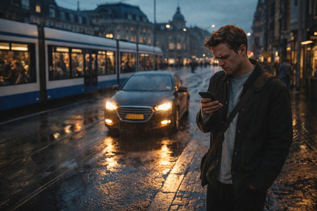 Frustrated man checking ride-share app on a rainy European street while a crowded tram passes behind him