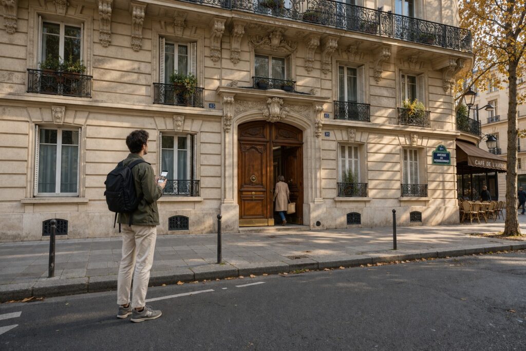 Person with a backpack checking a real estate app while looking at a Haussmann building in Paris as a local resident enters the doorway