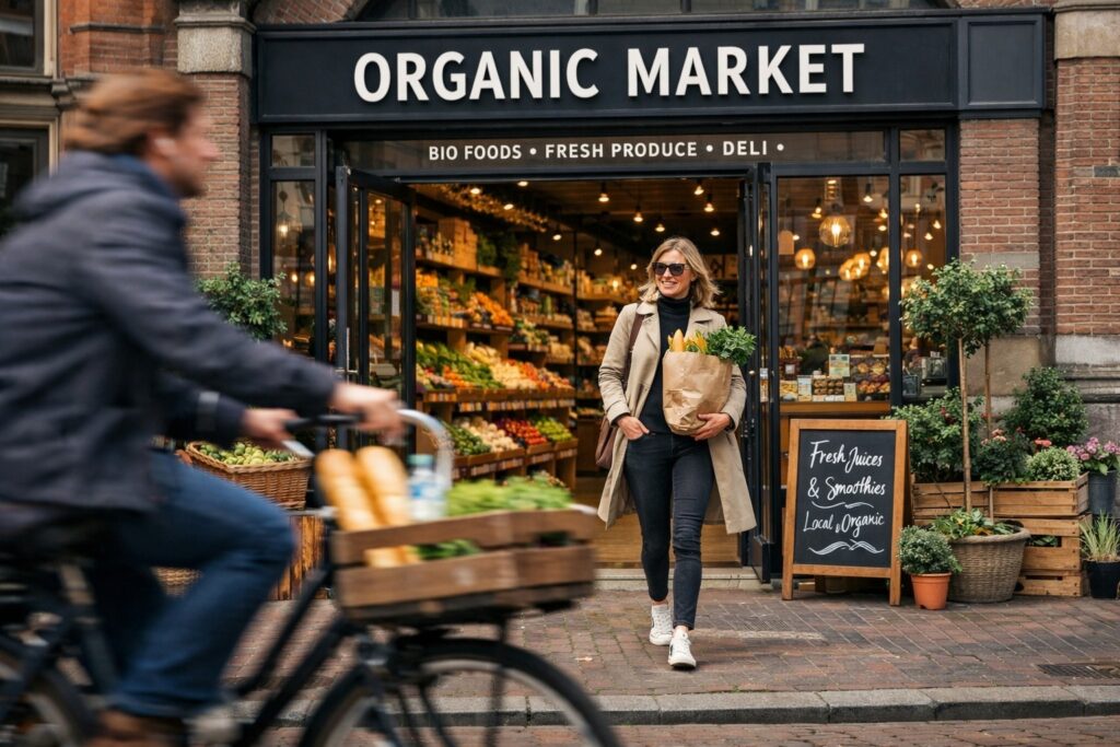 Stylish shopper leaving an organic supermarket with groceries while a local cyclist passes by with a simple crate
