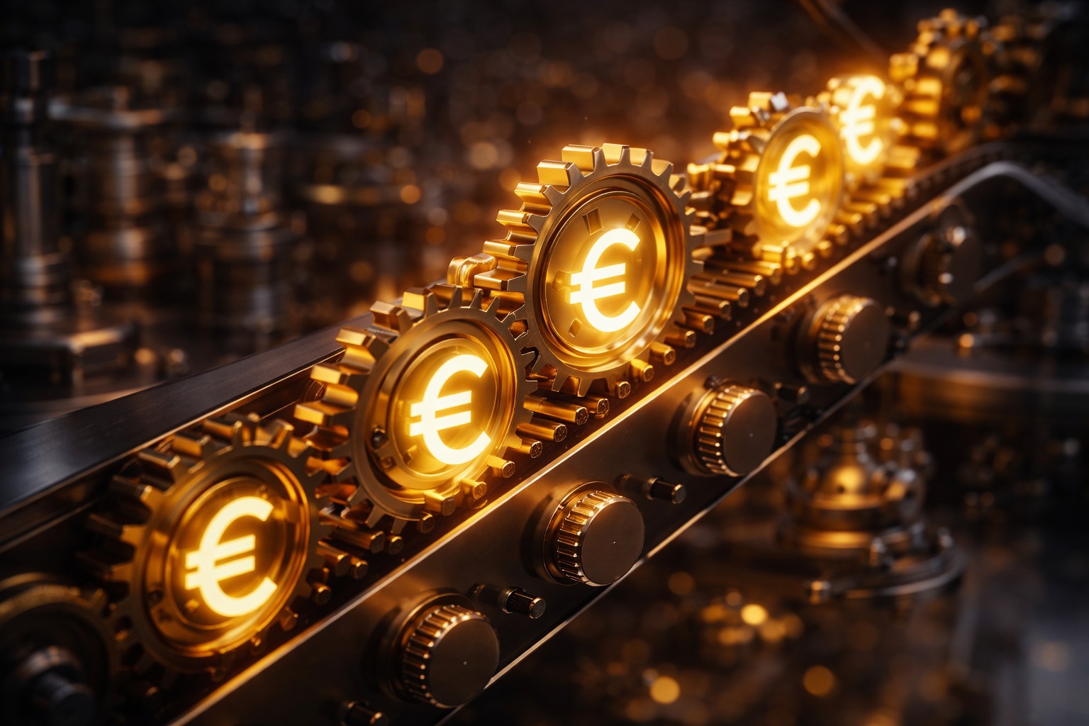 investment income vs work income concept with automated golden gears generating euro symbols