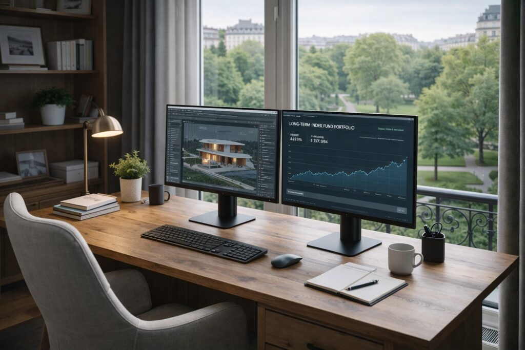 Modern home office with dual monitors showing work project and index fund portfolio explaining why investment income is low in Europe