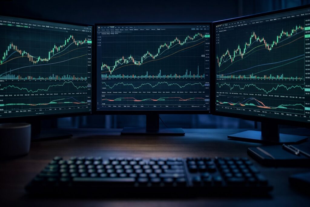 Professional trading desk with stock charts and technical analysis representing stock market investing in stocks vs real estate in Europe
