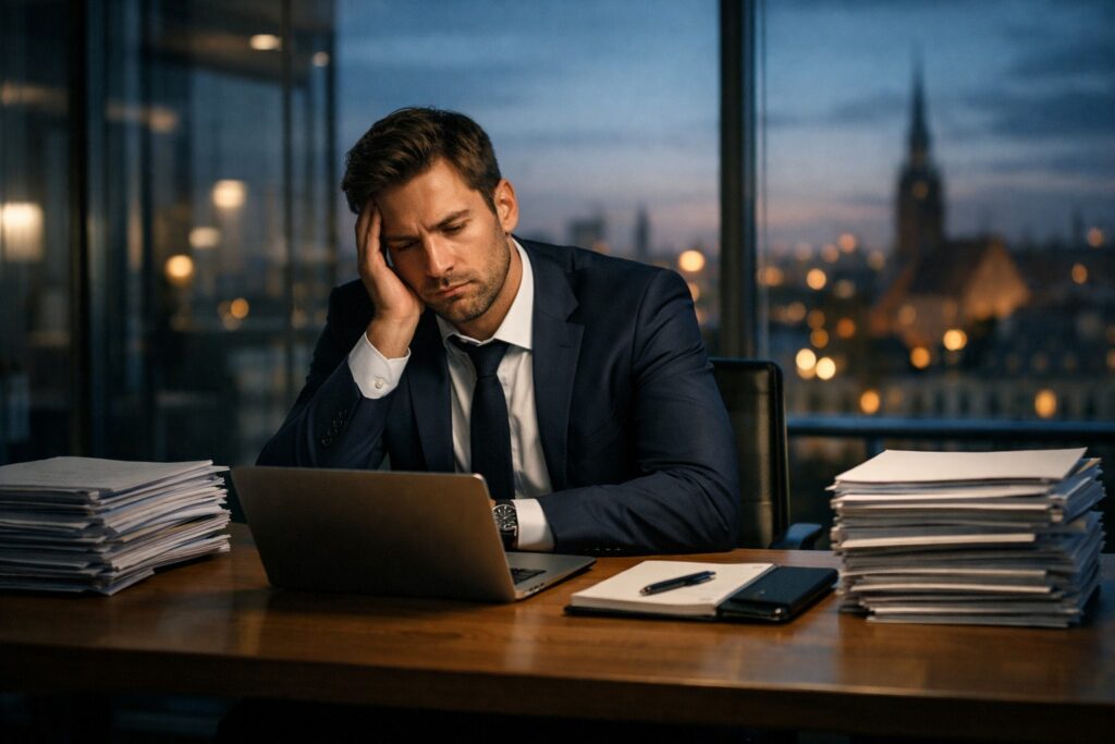 Focused businessman working late with documents representing effort behind building wealth in Europe
