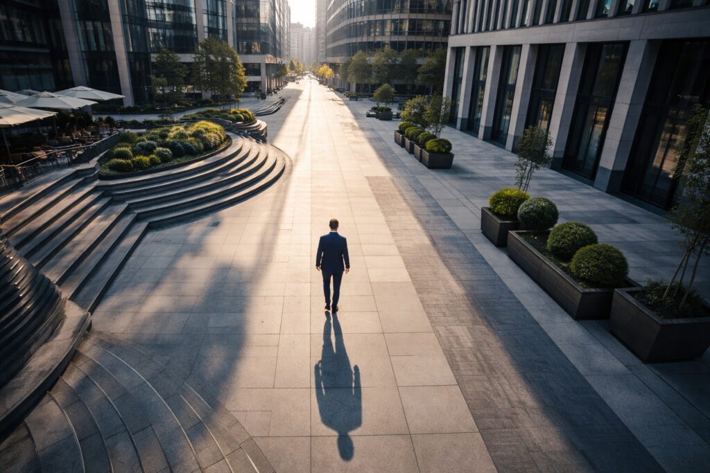 Business professional walking alone in modern European district symbolizing journey of building wealth in Europe