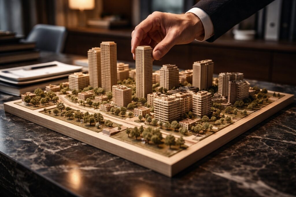 Building wealth in Europe concept shown through a detailed wooden city model and strategic urban planning