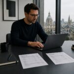 Professional reviewing a payslip and invoice while working on a laptop in a modern office with a European city view, representing employee vs self-employed tax in Europe.