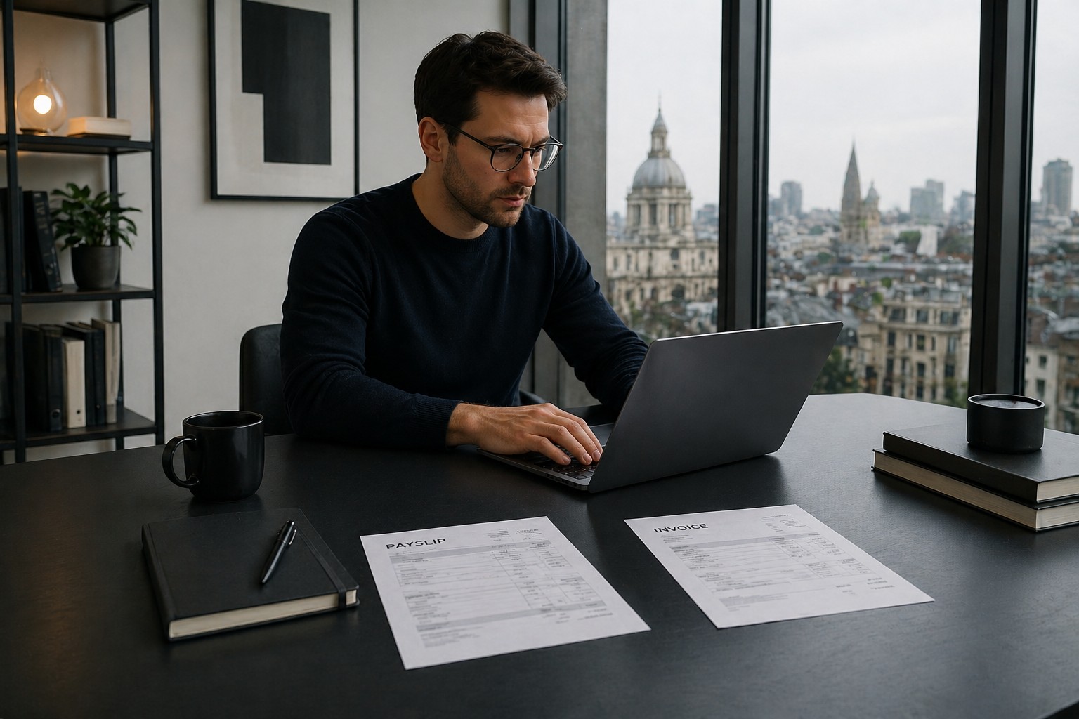Professional reviewing a payslip and invoice while working on a laptop in a modern office with a European city view, representing employee vs self-employed tax in Europe.