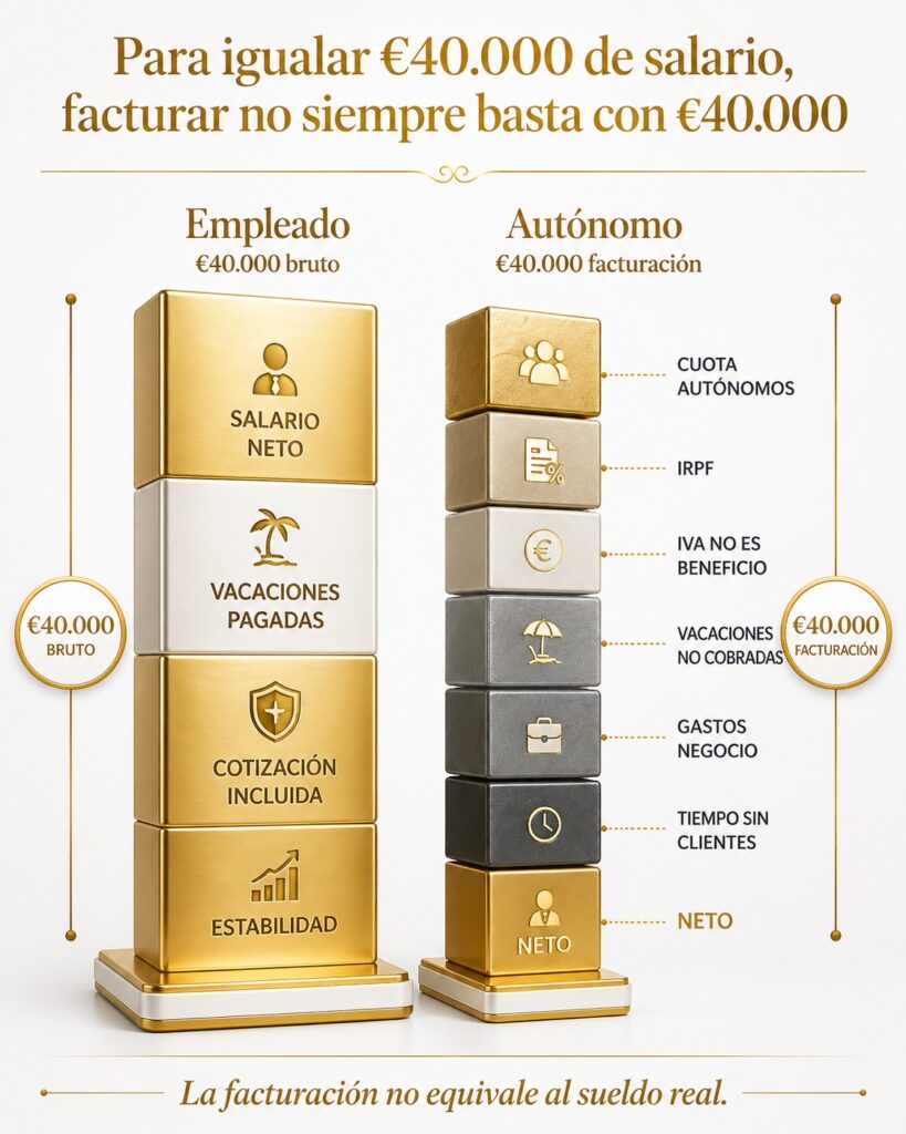 Facturación autónomo vs salario empleado España comparación 40000 euros neto impuestos
