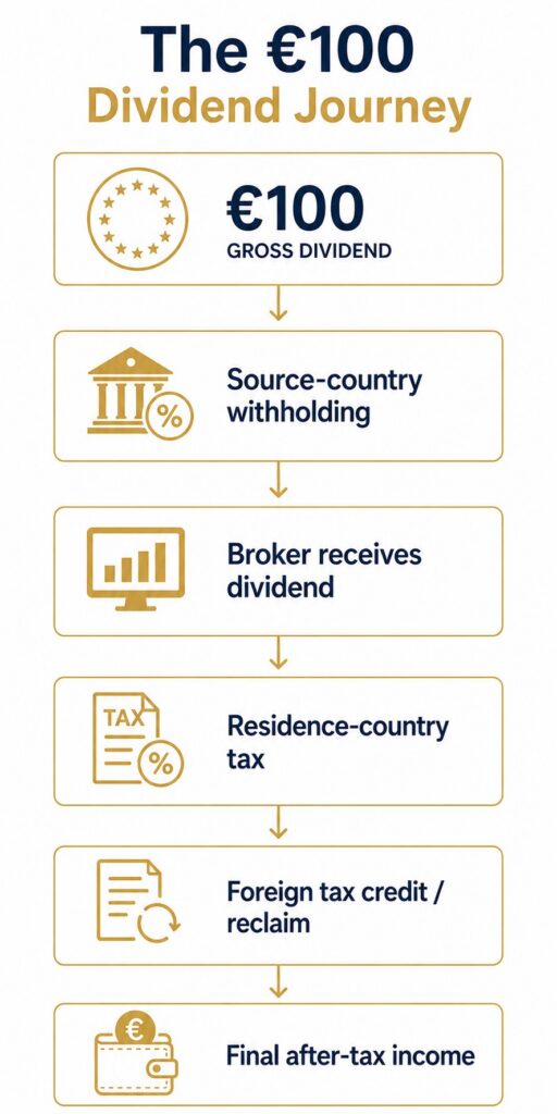 The €100 dividend journey showing withholding tax, broker payment, residence-country taxation and foreign tax credit flow across the EU