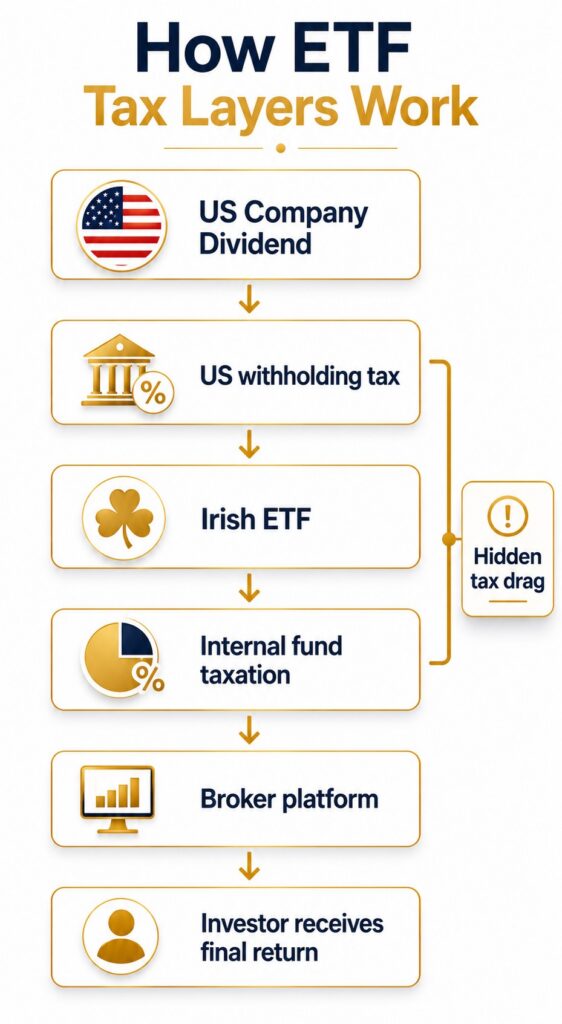 ETF tax layer infographic showing US withholding tax, Irish ETF structure, internal fund taxation and hidden tax drag affecting investor returns
