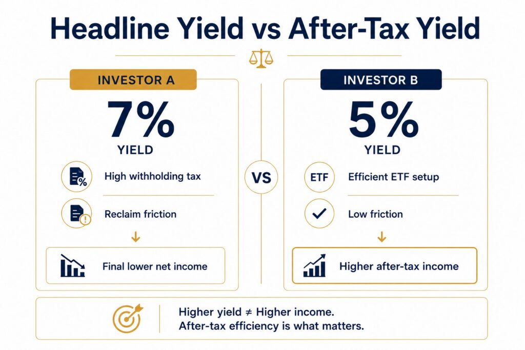Comparison infographic showing headline dividend yield versus after-tax yield for EU investors affected by withholding tax and ETF efficiency