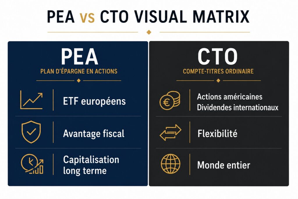 Comparaison visuelle entre PEA et CTO pour les investisseurs français