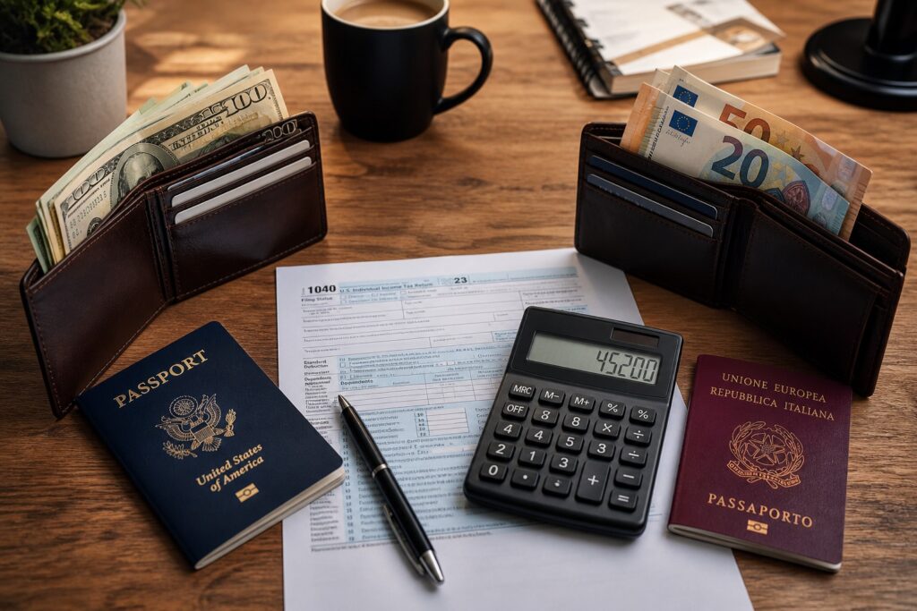 US vs Europe income tax comparison with passports, cash, and calculator on desk