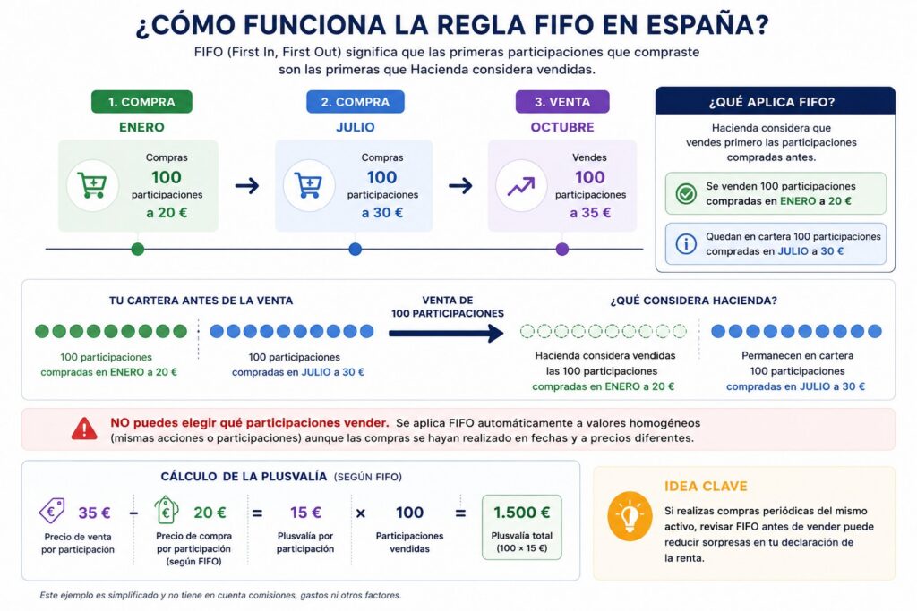 Ejemplo visual de la regla FIFO en España para calcular la plusvalía al vender acciones o participaciones.