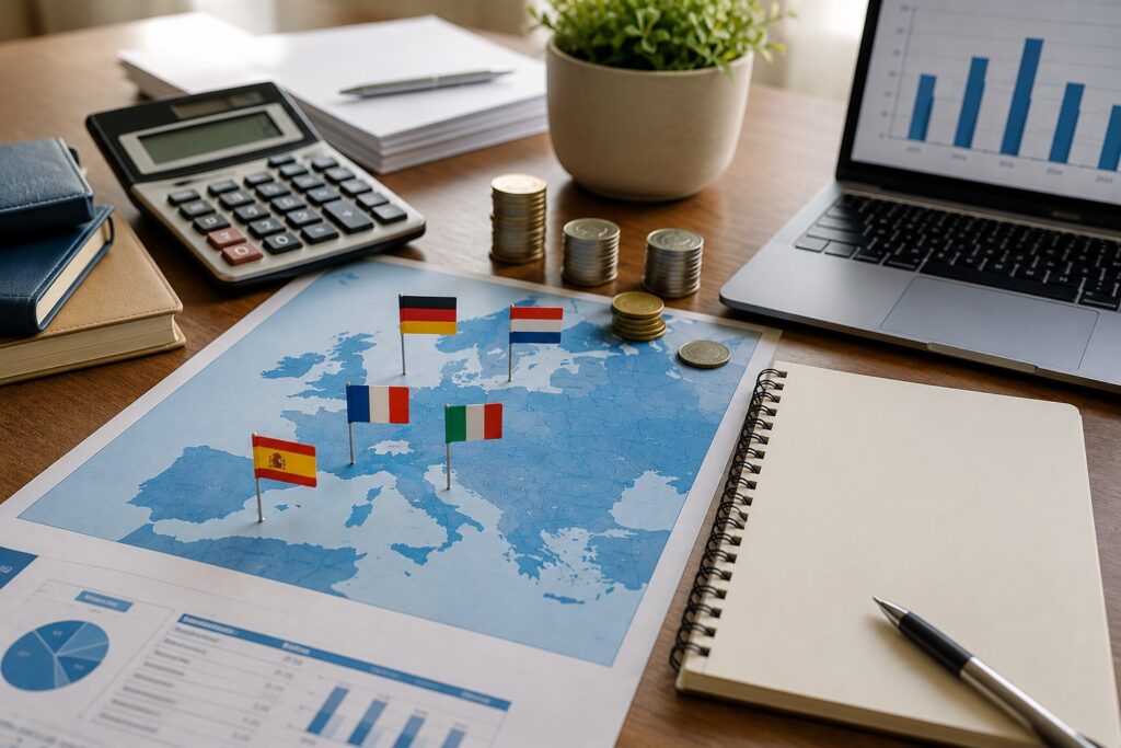 Workspace illustrating cross-border investment taxes in Europe, with a map of Europe, calculator, laptop, investment documents, and a notebook for tax planning.